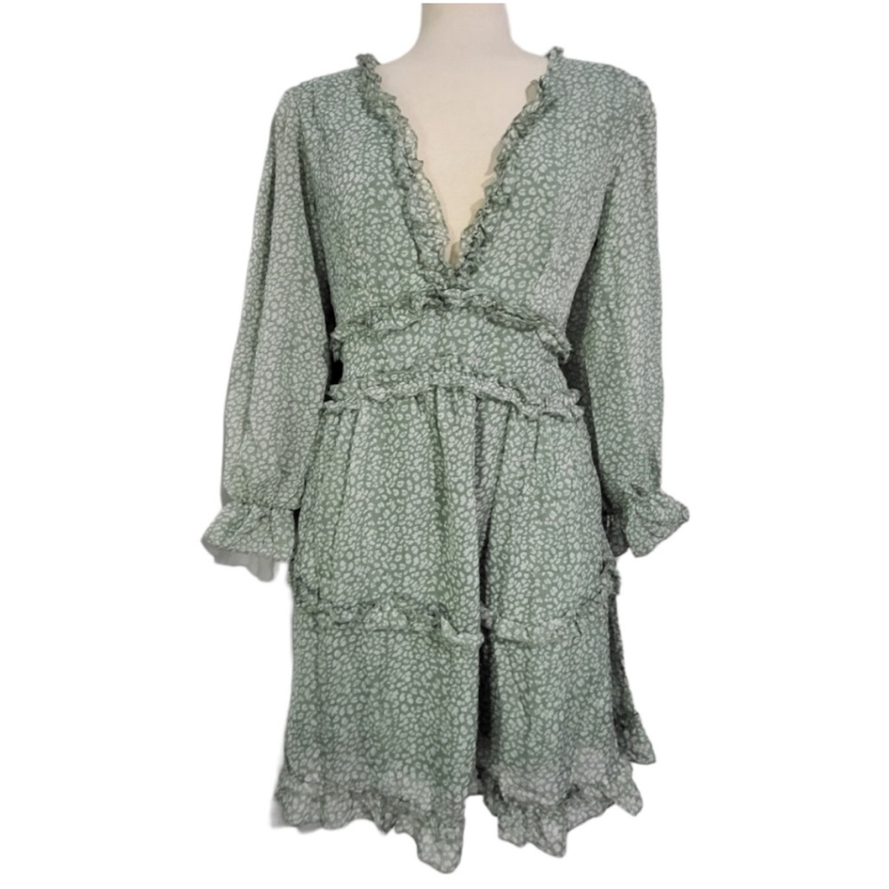 Sage Green and White Abstrac Print Long Sleeve Mini Dress Size Medium